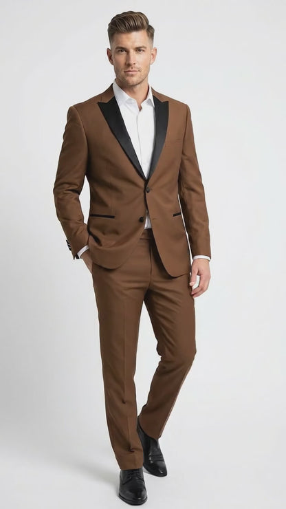 Men’s Light Brown Vested Piece Suit – Elegant Formal Suit with Contrast Lapel for Wedding, Party
