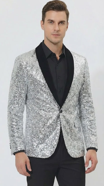 Men’s Silver Sequin Blazer Disco Style Jacket – Black Lapel Party Blazer, Shiny Evening Wear, 70s Dance Outfit, Formal Event Jacket