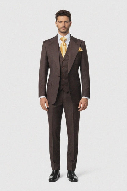 Suits With Baggy Pleated Pants - Wide Leg Pants 100% Wool - Classic Fit in Brown One Button 3 Piece Suit  by Rossiman