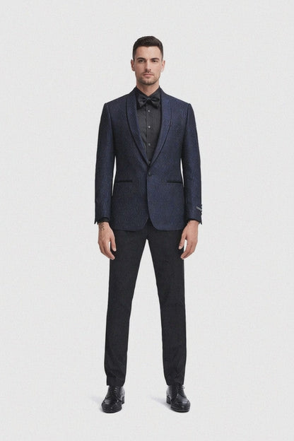 Mens Slim Fit Paisley Shawl Lapel Prom Dinner Jacket Tuxedo Blazer in Navy Blue
