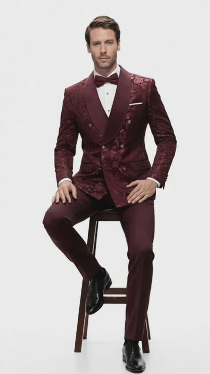 Men’s Burgundy Floral Jacquard Tuxedo Dinner Jacket – Paisley Velvet Lapel Formal Wear for Weddings and Prom