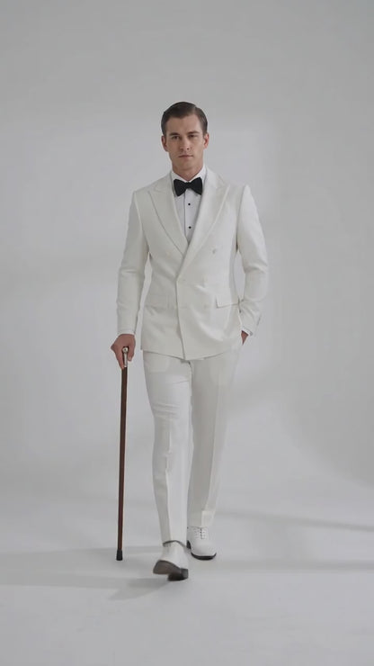 Men’s Ivory Double-Breasted Tuxedo – Vintage Wedding, Prom and Black-Tie Formal Suit off white cream