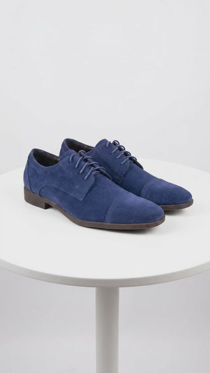 Men’s Navy Blue Suede Cap Toe Dress Shoes – Classic Lace Up Formal Wedding and Prom Shoes Velvet Fabric