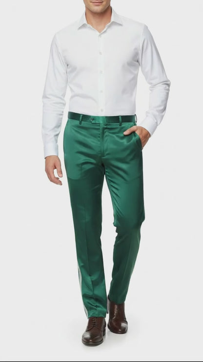 Mens Emerald Green Satin Slim Fit Dress Pants  Shiny Formal Party and Wedding Trousers