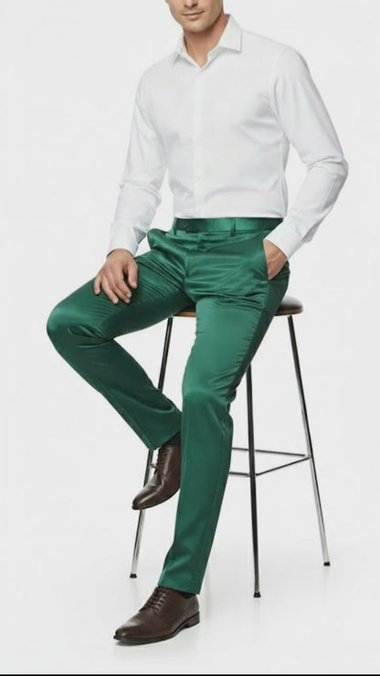Mens Emerald Green Satin Slim Fit Dress Pants  Shiny Formal Party and Wedding Trousers