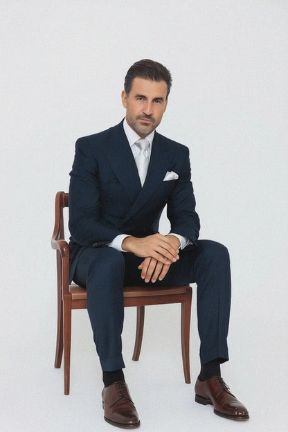 Suits With Baggy Pleated Pants - Wide Leg Pants 100% Wool - Classic Fit in Navy Color by Rossiman