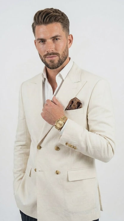 Men’s Ivory Linen Double Breasted Blazer, Lightweight Wedding Dinner Sport Coat Jacket Cream Off White