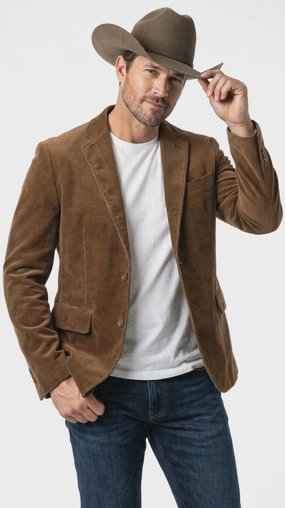 Men’s Brown Corduroy Country Blazer – Two-Button Western Sport Coat for Casual