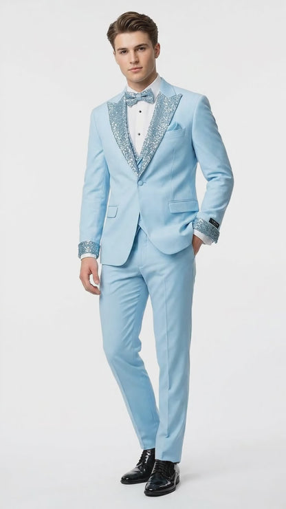Men’s Baby Blue Prom Tuxedo Suit with Silver Rhinestone Sequin Lapel and Matching Vest