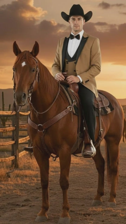 Mens Western Cowboy Tuxedo  Tan and Black 3-Piece Suit with Satin Lapel and Vest in Mocca Coffee Color