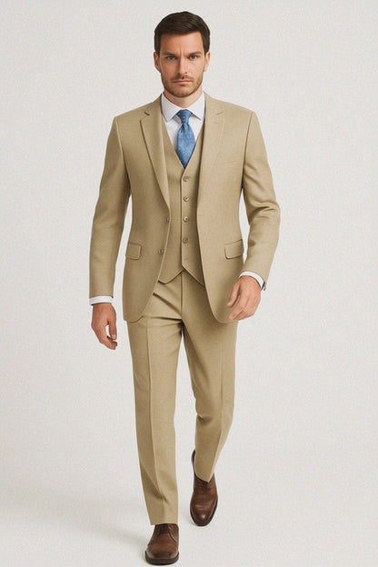 Mens Smart Slim Vested Suit Tan