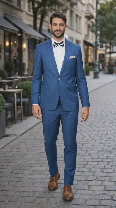 Blue Slim Fit Men's Suit by Rossiman Rossi - Skinny Style with 1-Button Jacket