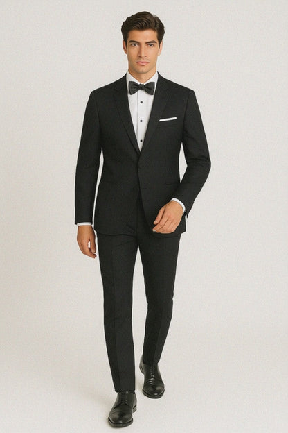 Mens Designer Slim Fit One Button Peak Tuxedo in Black - Mens Slim Fitted Tuxedo