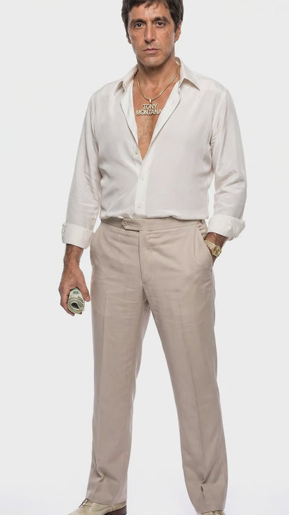 Tony Montana’s White Linen Shirt and Tan Pants – Men’s White Formal Shirt with Tan Trousers for Party, Wedding and Vintage Style Outfit
