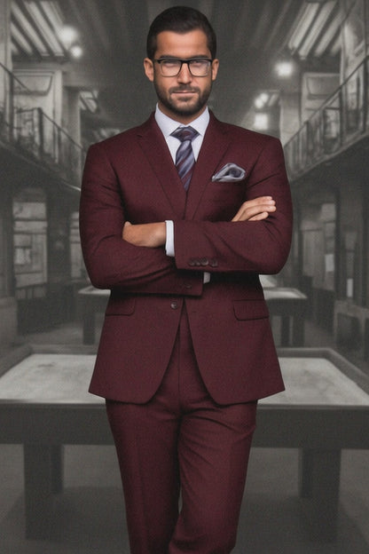 Mens 2 Button Modern Fit Vested Wool Suit in Burgundy