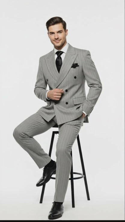 Mens Grey and Black Pinstripe Double-Breasted Suit  1920s Gangster Vintage Looking suit By Rossiman