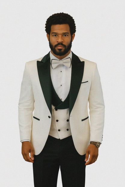 Hilton White and Black Paisley Peak Lapel Tuxedo Jacket with Matching Shawl Vest and Wool Pants  Includes Bow Tie