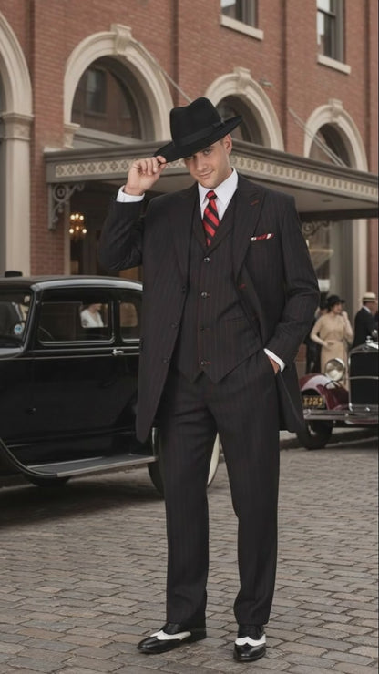 Mens Black and Red Pinstripe Zoot Suit  1920s Gangster Vintage 3-Piece Suit for Formal, Prom, and Themed Events