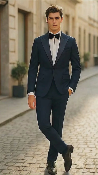 Mens Navy Blue  Tuxedo with Satin Peak Lapel With Matching Color Lapel Sateen  Formal 2 Piece Suit