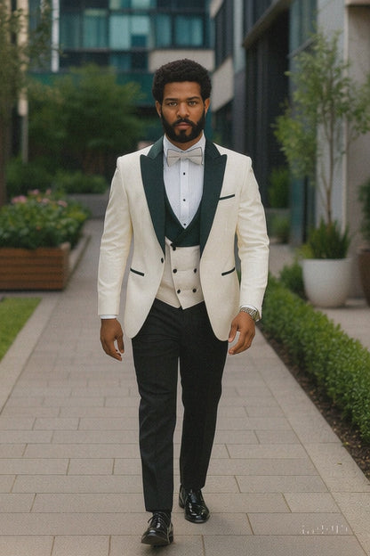 Hilton White and Black Paisley Peak Lapel Tuxedo Jacket with Matching Shawl Vest and Wool Pants  Includes Bow Tie