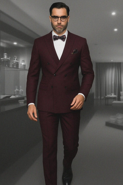 Mens Classic Wool Double Breasted Suit in Burgundy