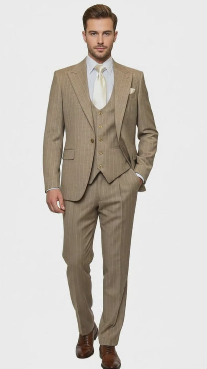 Mens Beige Pinstripe Three-Piece Suit  Classic Fit Formal Suit with Vest and Flat-Front Pants in Tan Stripe By Rossiman
