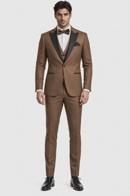 Mens Light Brown Tuxedo Suit with Black Satin Lapel  3 Piece Formal Wedding & Prom Outfit - Country Look