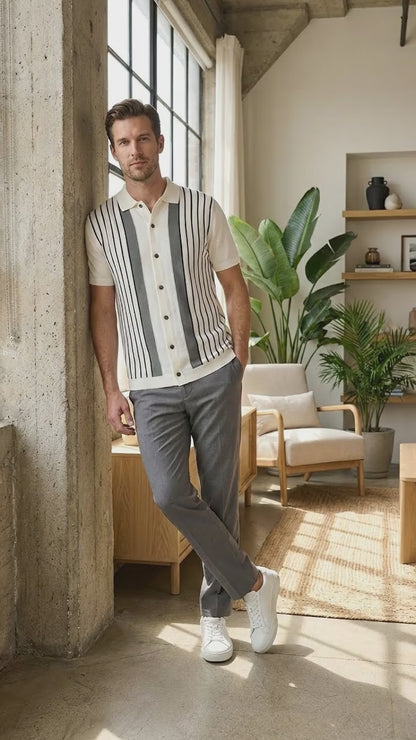 Mens White and Charcoal Gray Stripe Walking Suit Set – Short Sleeve Button Shirt and Pants Casual Summer Outfit for Travel, Vacation and Everyday Wear