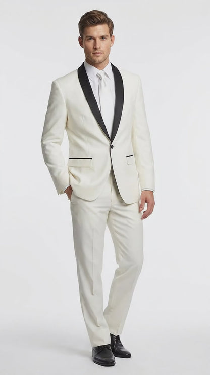Men’s Ivory and Black Shawl Tuxedo Suit with Jacket and Pants, Formal Wedding Dinner Suit