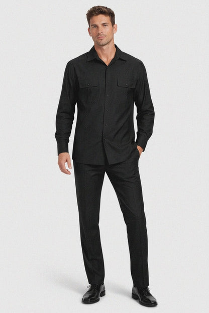 Mens Luxury Black Wool Two-Piece Leisure Walking Suit
