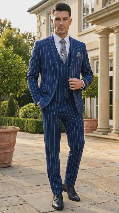 Men’s Navy Blue 1920s Gangster Stripe Vested Suit with White Pinstripes, 2 Button Dress Suit