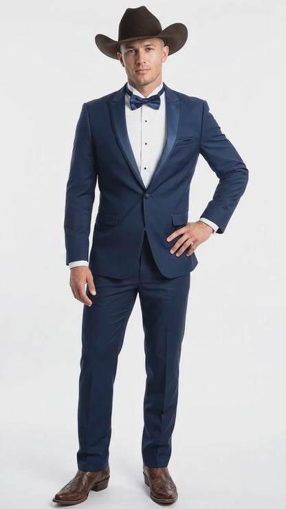 Men’s Saphire Indigo Blue Western Tuxedo Suit, Formal Wedding Prom Cowboy Tuxedo with Blue