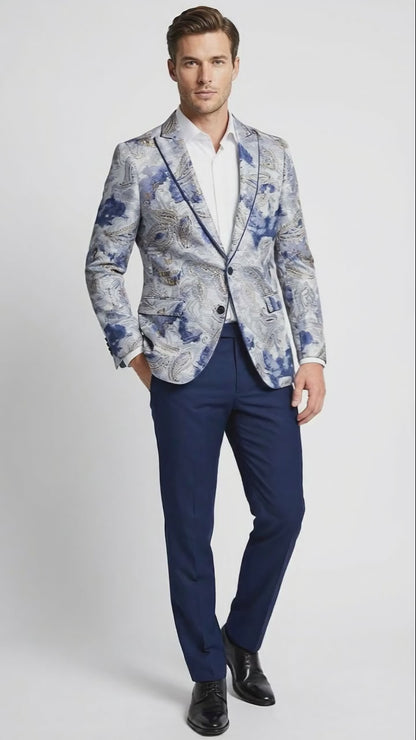 Mens Navy Blue and Gray Paisley Print Blazer  Prom Jacket for Formal, Party, and Evening Wear