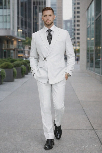 Men’s White Double Breasted Wool Suit with Designer Tailored Formal Set Metal Buckle Closure