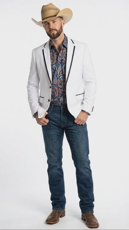 Men’s White Western Blazer with Black Trim – Classic Cowboy Style