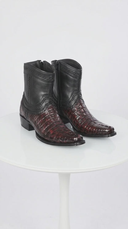 Los Altos Men’s Black Cherry Caiman Tail Low Shaft European Square Toe Boots