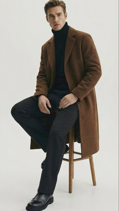Mens Brown Long Wool Overcoat  Topcoat Wool Carcoat Three Quarter