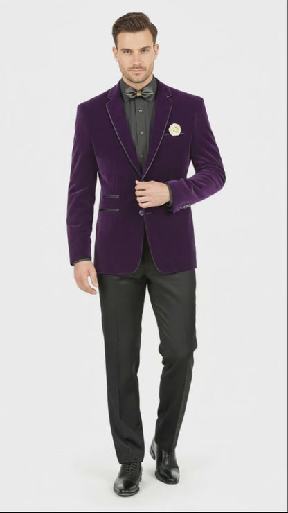 Mens Purple Velvet Blazer  Luxury Slim Fit Formal Jacket with Black Satin Trim Tuxedo Dinner Jacket