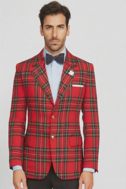 Big and Tall Plait Sport Coat - Windowpane Checkered Scottish English Pattern Party Blazers Color Green and Blue Tartan