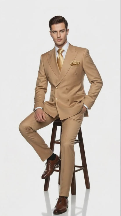 Mens Camel - Bronze - Goldish khaki Double-Breasted Suit  Luxury 2-Piece Formal Set with Gold Buttons and Peak Lapels by Rossi Man