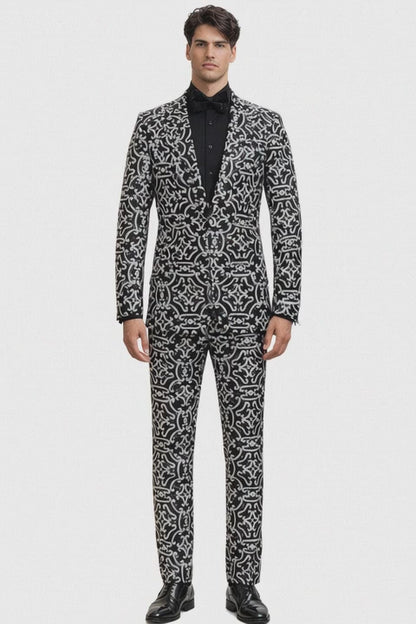 Men's Black and Silver Sequin Tuxedo - Slim Fit 2-Piece Party and Wedding Suit with Sparkling Design- Black and White Color