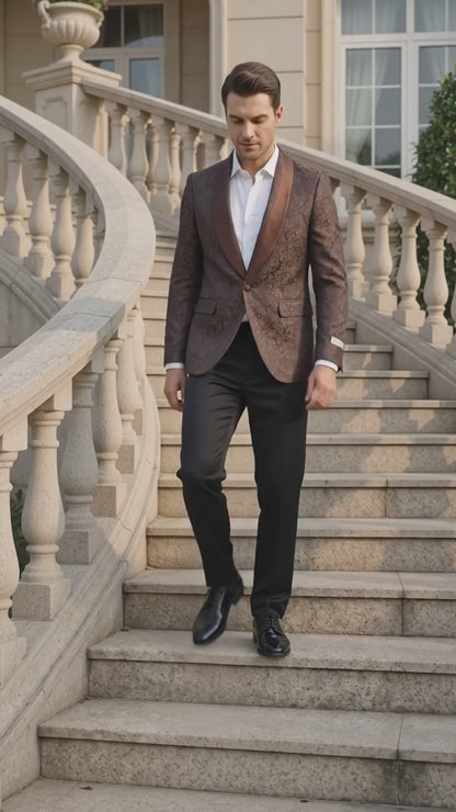 Men’s Light Brown Paisley Tuxedo Jacket, Wedding Prom Dinner Blazer with Satin Shawl Lapel