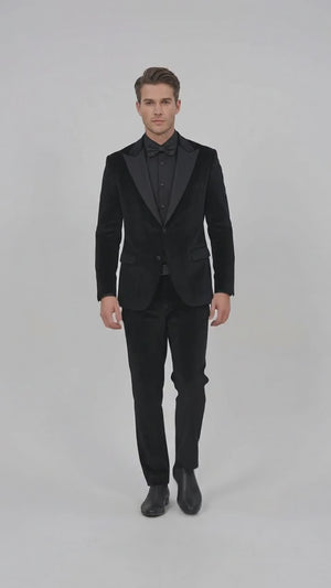Men’s Black Velvet Tuxedo Suit – Peak Lapel Wedding, Prom and Formal Evening Velvet Pants