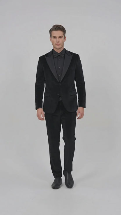 Men’s Black Velvet Tuxedo Suit – Peak Lapel Wedding, Prom and Formal Evening Velvet Pants