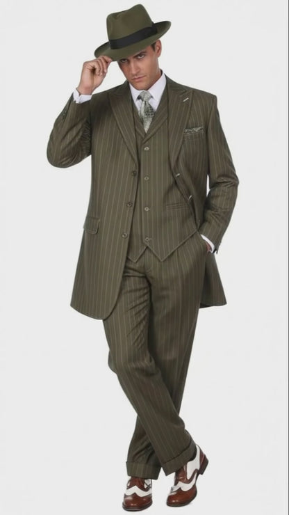 Mens Olive Green Pinstripe Zoot Suit  1920s Gangster Vintage 3-Piece Suit for Formal and Themed Events