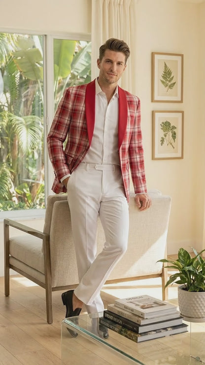 Mens Tartan Red and White Plaid Blazer – Check Pattern Sport Coat Red Shawl Lapel Party Christmas Holiday New Year
