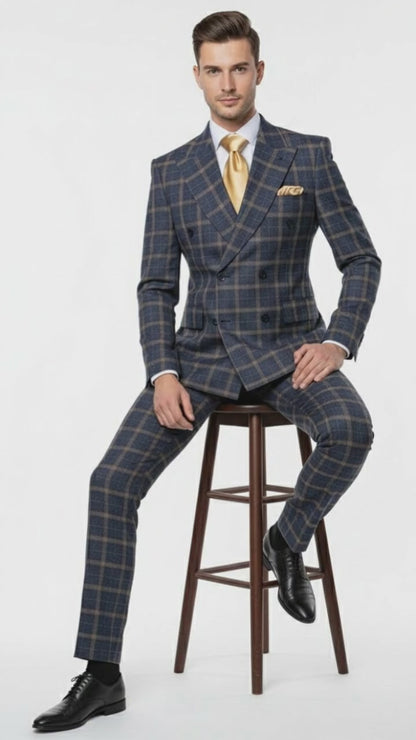 Mens Navy and Tan Windowpane Double-Breasted Suit | Classic 2-Piece Plaid Dress Suit, Business, and Formal Events By Rossiman