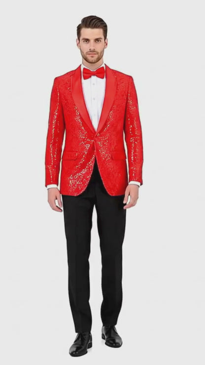 Big and Tall Mens Red Paisley Tuxedo Jacket  Satin Shawl Lapel Blazer with Bow Tie - Christmas Jacket