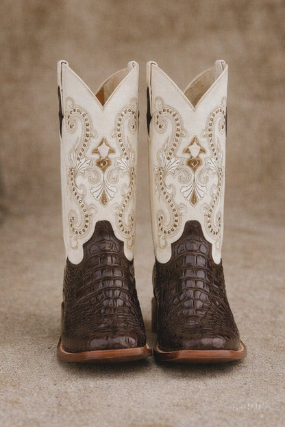 Ferrini Women's Rancher Square Toe Boots Crocodile Print - Chocolate/White 9049309