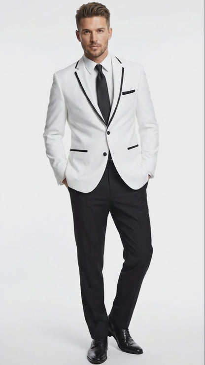 Men’s White Blazer with Black Trim | Wedding and Party Formal Blazer Jacket - White Tuxedo Prom Jacket